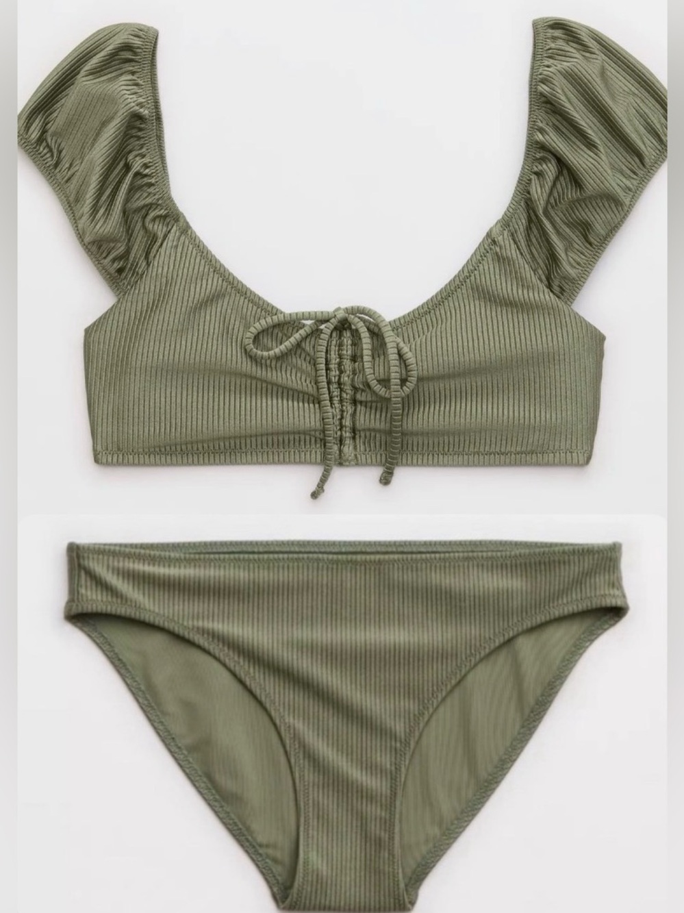 NWT Aerie FULL SET Shine Rib Cropped Top + Full Coverage Bottom in Olive - Sz S